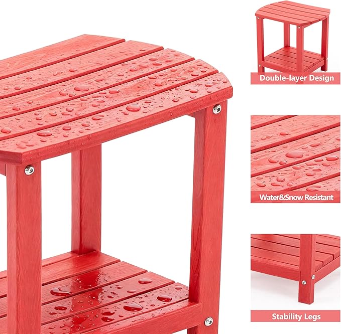 Adirondack Small Outdoor Side Table - Weatherproof HDPE Patio End Table with 2-Tier Storage for Firepit, Balcony, Garden, Poolside or Bathroom (Red, Set of 2)