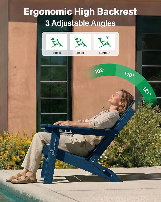 YEFU Adirondack Chairs Set of 2 for Outdoor: Folding Plastic Fire Pit Chair with Cup Holders & Adjustable Backrest - Sturdy All-Weather HDPE for Patio Lawn - Easy Assembly(Navy Blue)