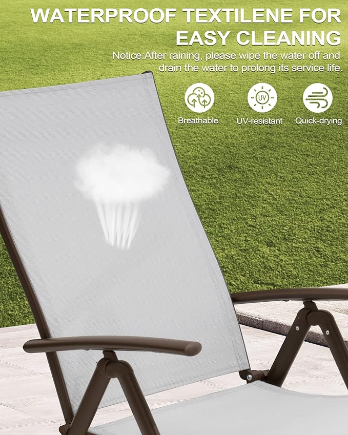 Crestlive Products Chaise Lounge Chair Outdoor Set of 2, Aluminum Folding Patio Recliner Chair, Adjustable 8 Positions Assemble-Free Perfect for Beach, Yard, Pool, Deck
