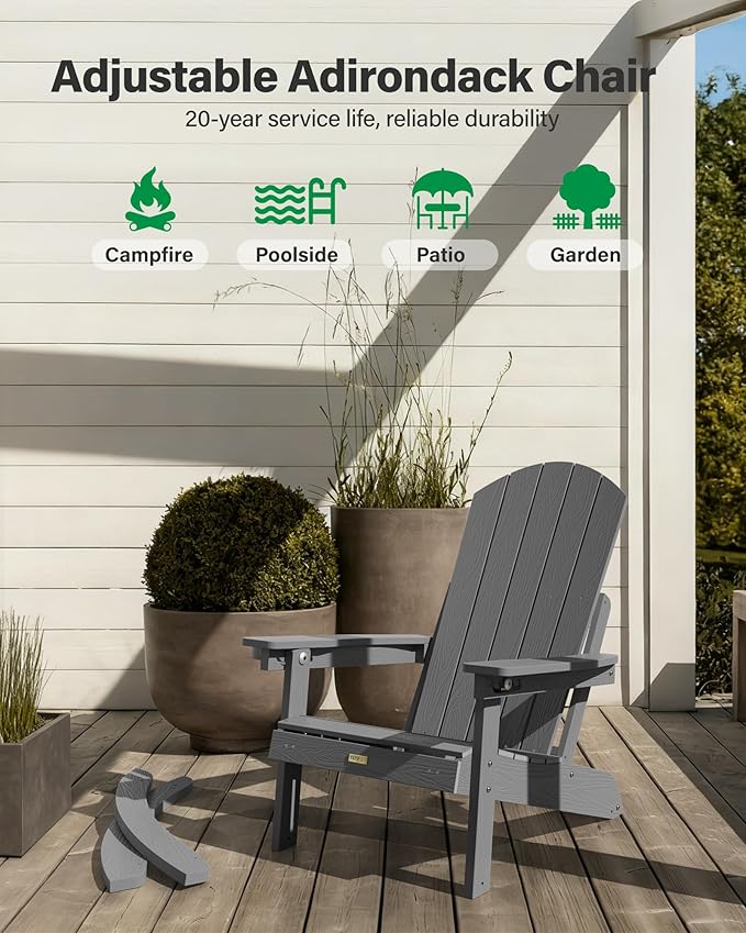 YEFU Adirondack Chairs with Retractable Ottoman: Oversize Adirondack Rocking Chairs - 5-Level Adjustable High Back - Outdoor Rocker with Cup Holder for Porch/Gardens/Lawn/Patio/Backyard/Grey