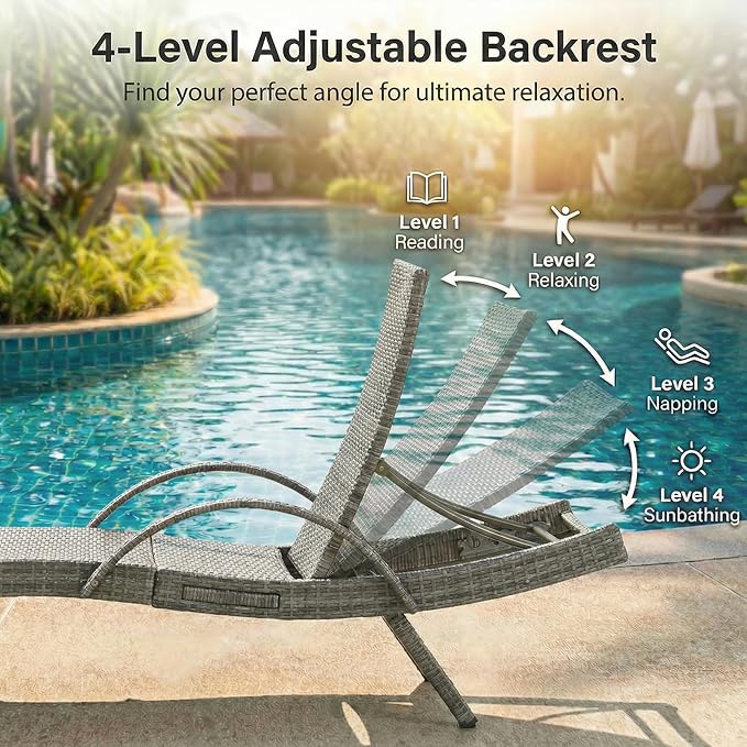 Wicker Outdoor Lounge Chairs with Pull Out Side Table, Pool Lounge Chairs Set of 4, Gray Rattan Outdoor Lounger, Adjustable Backrest Patio Chaise Lounges for Garden, Backyard, Tanning Chair, Grey