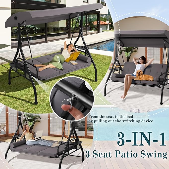 MAGIC UNION 3-Seat Outdoor Patio Swings with Adjustable Cover - Photo 7