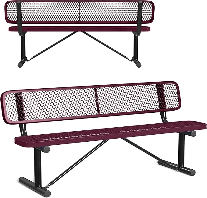 Leisure Craft Metal Outdoor Bench with Back - 6 Foot Heavy Duty Bench Seating for Garden, Porch, Picnic, Park, Expanded Metal, Thermoplastic Coating, Commercial Grade Furniture Made in USA - Burgundy