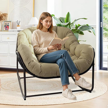 Papasan Rocking Chair Indoor & Outdoor, Oversized Egg-Shaped Papasan Rocker with Cushion & Pillow, All-Weather Wicker Patio Lounge Chair for Garden, Porch, Living Room (Khaki)