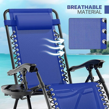 Magshion Folding Zero Gravity Chairs Set of 2, Outdoor Reclining Camping Chairs, Patio Lounge Recliners with Side Table & Cup Holder Tray, Blue