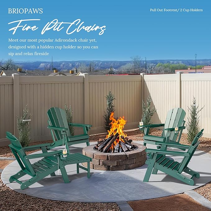 BRIOPAWS Adirondack-Chair-with-Pull-Out-Footrest | Folding | HDPE Plastic | Fire Pit Chairs | All Weather | Cup Holders | Curved Back | Retractable Ottoman | for Outdoor Deck Poolside | Forest
