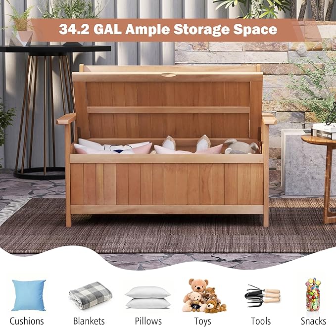 Tangkula 48 Inch Outdoor Wood Storage Bench Deck Box, Wooden Storage Loveseat with 34.2 Gal Inner Space - Photo 6