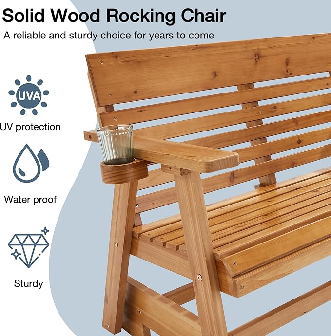 HOMREST Wooden Patio Glider Bench Chair Set with Cup Holders Outdoor Loveseat Glider with Ergonomic Deep Contoured Seat and High Roll Back, Heavy Duty 800LBS for Garden Porch Balcony, Brown