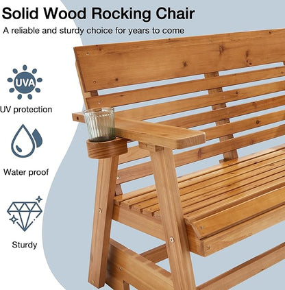 HOMREST Wooden Patio Glider Bench with Cup Holders, Heavy Duty 900LBS Outdoor Loveseat Glider with Ergonomic Deep Contoured Seat and High Roll Back for Garden Porch Balcony (4Ft 2-Seater, Brown)