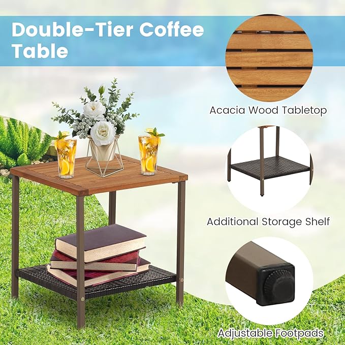 HAPPYGRILL 3 Piece Rocking Bistro Set, Outdoor PE Wicker Rocking Chair with Coffee Table, Soft Seat Cushions Included, Gentle & Smooth Rocking Furniture Set for Yard Porch