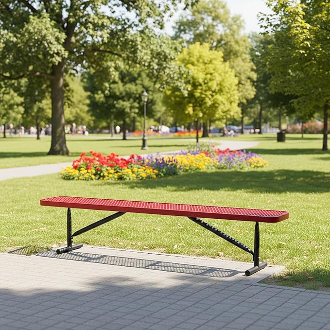 8FT Metal Park Bench for Outside, All-Weather Thermoplastic Coating Outdoor Bench with Anchor, Commercial Heavy Duty Benches for Shopping Malls, Stores, Parks, Patios, Decks, Red