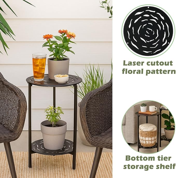 2-Tier Metal Round Side Table Black Accent Coffee Tables Small Space Corner Plant Stand Shelf for Indoor Outdoor Use - Photo 5