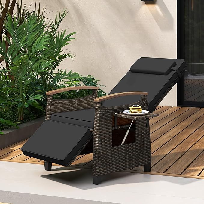 Tangkula Patio Wicker Recliner Chair, Rattan Lounge Chair w/Adjustable Backrest & Footrest, Flip Side Table - Photo 4