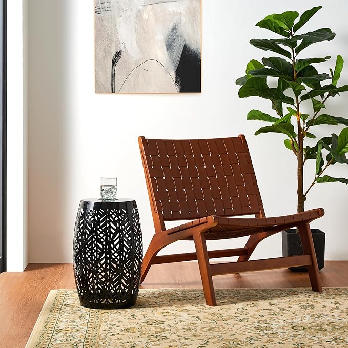 Glitzhome 18.25" H Outdoor Side Table with Leaf Pattern Solar Powered Light, Iron Cutout Drum Garden Stool Solar Decorative Lanterns, Metal End Table Plant Stand for Indoor Outdoor, Black