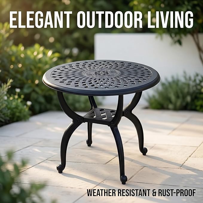 Round Outdoor Coffee Table Set of 2, Cast Aluminum Side Table with Storage,Indoor End Table, All-Weather Bistro Table for Patio Garden Lawn, Black