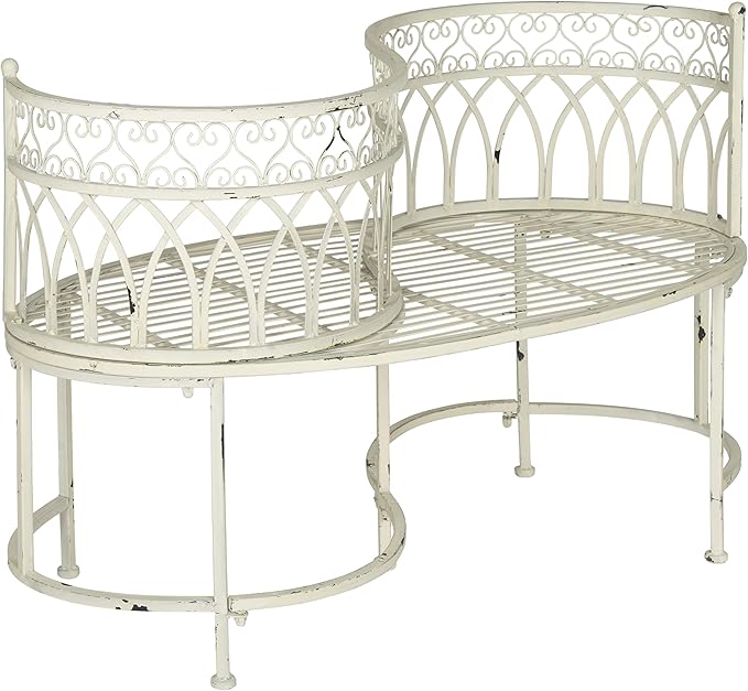 SAFAVIEH Outdoor Collection Lara Victorian Antique White Iron Kissing Bench