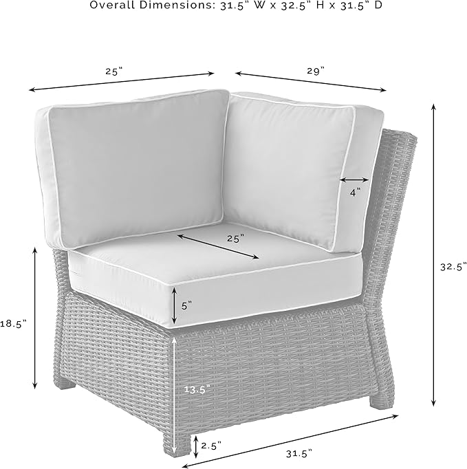 Crosley Furniture Bradenton Corner Outdoor Sectional Chair, Wicker Patio Chairs for Porch, Deck, Backyard, Gray with Gray Cushions