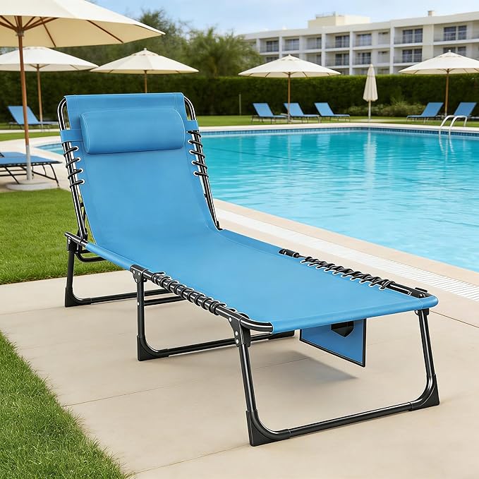 Outdoor Folding Chaise Lounge 5-Position Adjustable Recliner 400LB Heavy Duty Portable Patio Camping Beach Chair, Blue - Photo 1