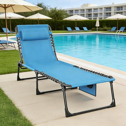 Outdoor Folding Chaise Lounge 5-Position Adjustable Recliner 400LB Heavy Duty Portable Patio Camping Beach Chair, Blue