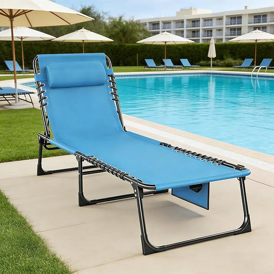 Outdoor Folding Chaise Lounge 5-Position Adjustable Recliner 400LB Heavy Duty Portable Patio Camping Beach Chair, Blue