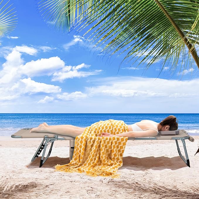 Tangkula Tanning Chair, Outdoor Folding Beach Lounge Chair with Face/Arm Hole, 2 Carry Handle, Pillow - Photo 2