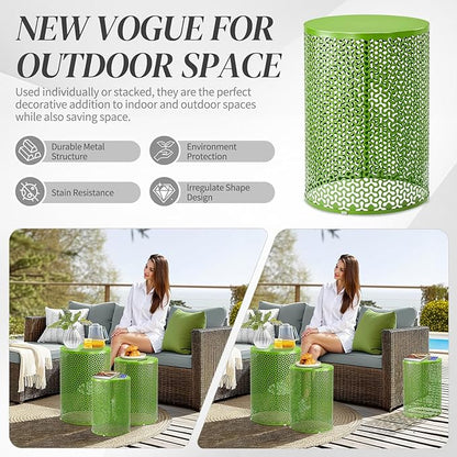 Outvita Outdoor Nesting Tables Set of 3, Heavy Duty Metal Frame Accent Modern End Table, Portable Side Table for Indoor, Outdoor, Living Room, Clover Pattern - Green