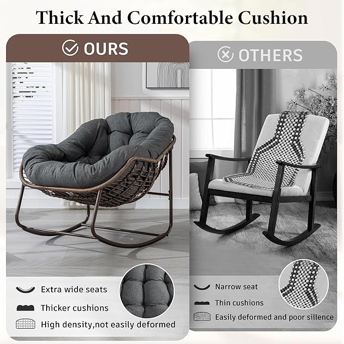 Large Indoor Outdoor Rocking Chair, Oversized Rocking Papasan Chair with Thick Cushion and Frame Outdoor Rocker, Comfy Wicker Egg Chairs Lounge for Outside Porch Patio Backyard (Dark Grey, Set of 2)