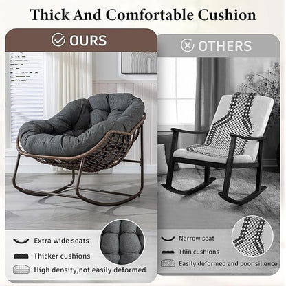 Large Indoor Outdoor Rocking Chair, Oversized Rocking Papasan Chair with Thick Cushion and Frame Outdoor Rocker, Comfy Wicker Egg Chairs Lounge for Outside Porch Patio Backyard (Dark Grey, Set of 2)