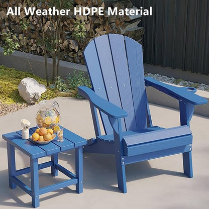 GLANC Folding Adirondack Chair Set of 2, HDPE All-Weather Outdoor Patio Fire Pit Chairs Lawn Chair for Poolside Backyard Deck Balcony, Wooden Textured with Cup Holder, 380LBS Capacity (Navy Blue)
