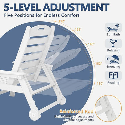 Patio Chaise Lounge Chair Set of 4, HDPE Outdoor Lounge Chairs with 5-Position Adjustable Backrest, Cup Holder and Wheels, 450lbs Capacity for Poolside Deck Backyard, All Weather Material(White)