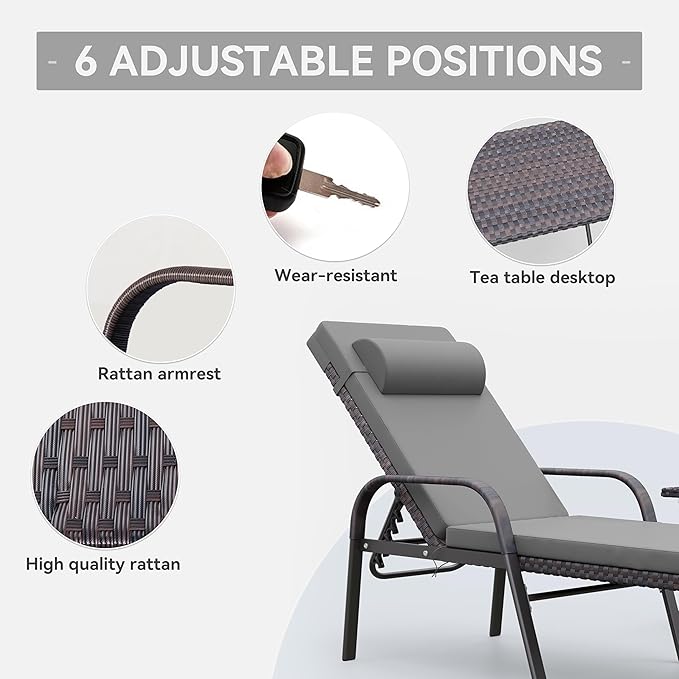 3 Pieces Patio Chaise Lounge Set Outdoor PE Rattan Armrest Lounge Chair Adjustable Backrest Reclining Chair with - Photo 4