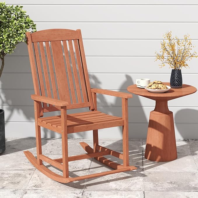 Tangkula Outdoor Patio Wood Rocking Chair, Relaxing Rocker w/High Backrest, Wide Armrests, Curved Seat, for Porch, Patio, Garden, Backyard, 400 LBS Support, Natural (1)