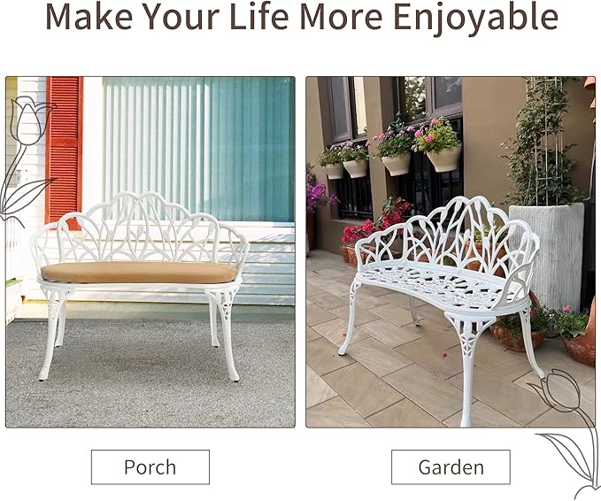 HOMEFUN Outdoor Bench with Cushion- Patio Garden Benches Metal Loveseat Cast-Aluminum Outside Furniture for Park Lawn Front Porch White