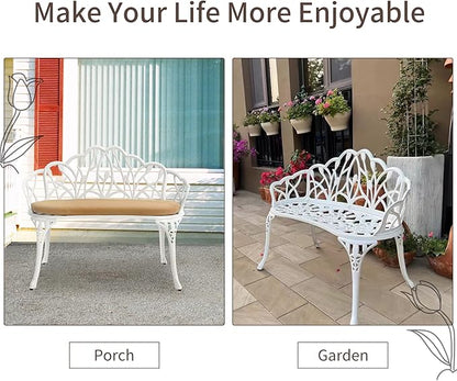 HOMEFUN Outdoor Bench with Cushion- Patio Garden Benches Metal Loveseat Cast-Aluminum Outside Furniture for Park Lawn Front Porch White