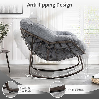 HOMEFUN Outdoor Patio Rocking Chairs, Oversized Papasan Rock Chair Indoor with Teddy Padded Cushion - Rocker Egg for Front Porch, Garden, Backyard Dark Gray