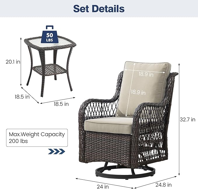 GAOMON 3 Pieces Outdoor Swivel Rocker Chair Set of 2 with Small Side Table, 360-Degree Swivel Rocking Chair - Photo 2