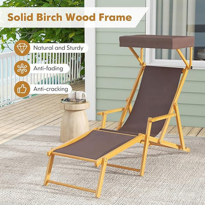 Giantex Lounge Chair Outdoor, Foldable Beach Chaise Lounge with Adjustable Canopy, Replacement Fabric, Wood Frame, Reclining Backrest & Footrest, Camping Chair for Patio, Poolside, Beach (2, Brown)