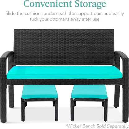 Best Choice Products Set of 2 Wicker Ottomans, Multipurpose Outdoor Furniture for Patio, Backyard, Additional Seating, Footrest, Side Table w/Removable Cushions, Steel Frame - Black/Teal