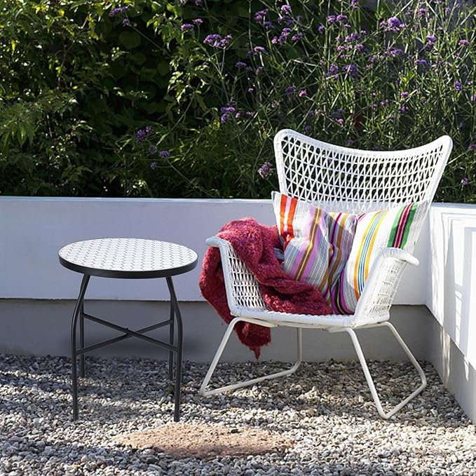 VCUTEKA Mosaic Outdoor Side Table - Small Patio Table Coffee Outside Accent Tables Round End Plant Tables for Bistro Balcony Porch Outdoor Benches 14'' White