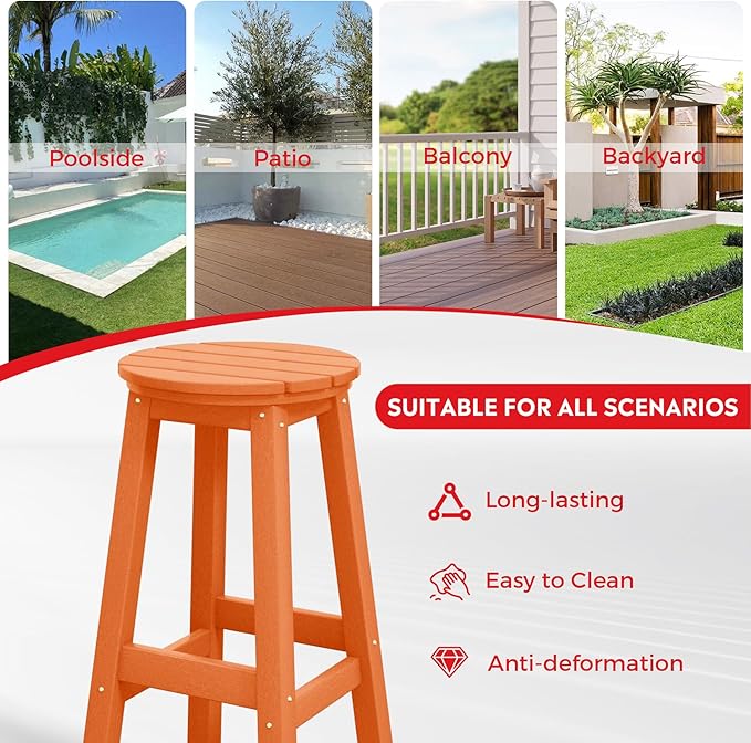 Costaelm 29" Height Outdoor Bar Stools, All-Weather Bar Stools, Adirondack Poly Patio Round Bar Stool for Patio, Deck, Kitchen Counter and Garden, Orange