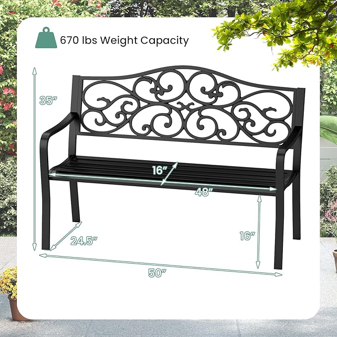 Tangkula 50 Inches Outdoor Garden Park Bench, Cast Iron Metal Patio Bench with Floral Design Backrest, Armrests and Slatted Seat, Outdoor Loveseat Chair for Porch, Lawn and Yard, Black