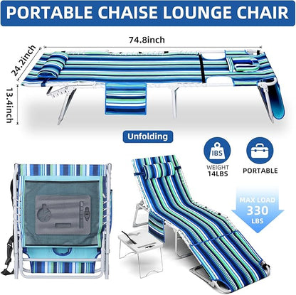 3-in-1 Beach Chair Face Holes, Lounge Chair Outdoor with Folding Side Table, 5-Position Recliner, Lay Flat, Removable Pillow, Heavy Duty, Max 330lbs, Poolside, Patio, Camping, Backyard Striped Blue