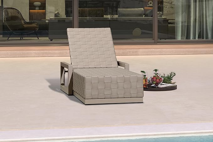 PURPLE LEAF Patio Chaise Lounge Chair, PU Leather Outdoor Chaise Lounge 1 Piece Aluminum Pool Lounge Chair with 5-Position Adjustable Backrest for Pool, Deck, Garden, Sunbathing, Taupe