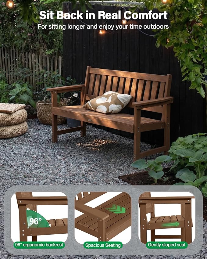 YEFU Outdoor Bench Weatherproof for Patio: 2-Person HIPS All Weather Garden Benches - Comfortable & Heavy Duty Patio Benches for Front Porch Backyard Park - Outside Furniture Bench Set of 2, Teak