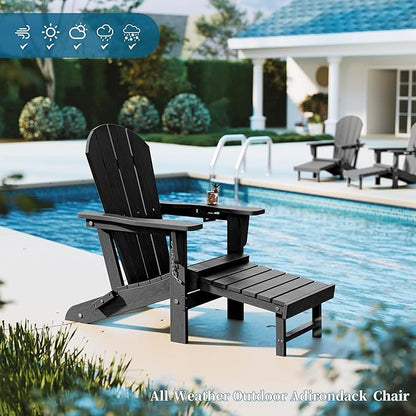 Folding Adirondack Chairs with Retractable Ottoman, HDPE Adirondack Chair with Cup Holder, All Weather Fire Pit Chair for Patio, Garden, Poolside (one Chair)
