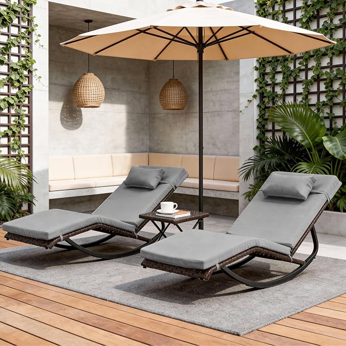 Outdoor Lounge Chair Set of 3, Patio Chaise Lounger with Folding Table and Adjustable Headrest, Easy 4-Step Assembly, All-Weather PE Rattan & Steel Frame for Pool, Patio, Porch, Backyard(Gray)