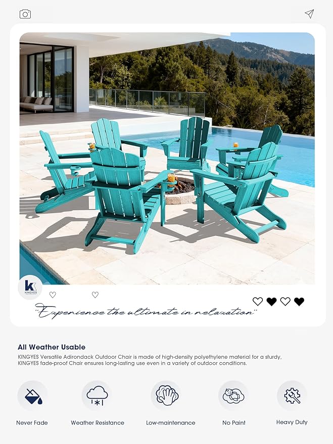 KINGYES Folding Adirondack Chair Set of 4, HDPE All-Weather Patio Chairs with Cup Holder - Photo 8