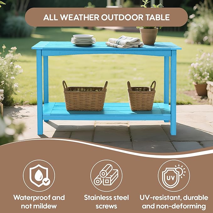 Weatherproof HIPS Outdoor Console Table, 48'' 2-Shelf SideTable Indoor/Outdoor Use, Multifunctional Buffet Table Bar Storage Organizer for Entryway,Yard, Outside Plant Stand Table, Blue