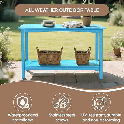 Weatherproof HIPS Outdoor Console Table, 48'' 2-Shelf SideTable Indoor/Outdoor Use, Multifunctional Buffet Table Bar Storage Organizer for Entryway,Yard, Outside Plant Stand Table, Blue