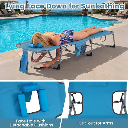 Giantex Face Down Tanning Chair, Folding Beach Lounge Chair w/ 4-Position Adjustable Backrest, Outdoor Sunbathing Lounge Chair w/Face Arm Holes & Storage Pocket for Patio Deck Poolside (2, Navy)